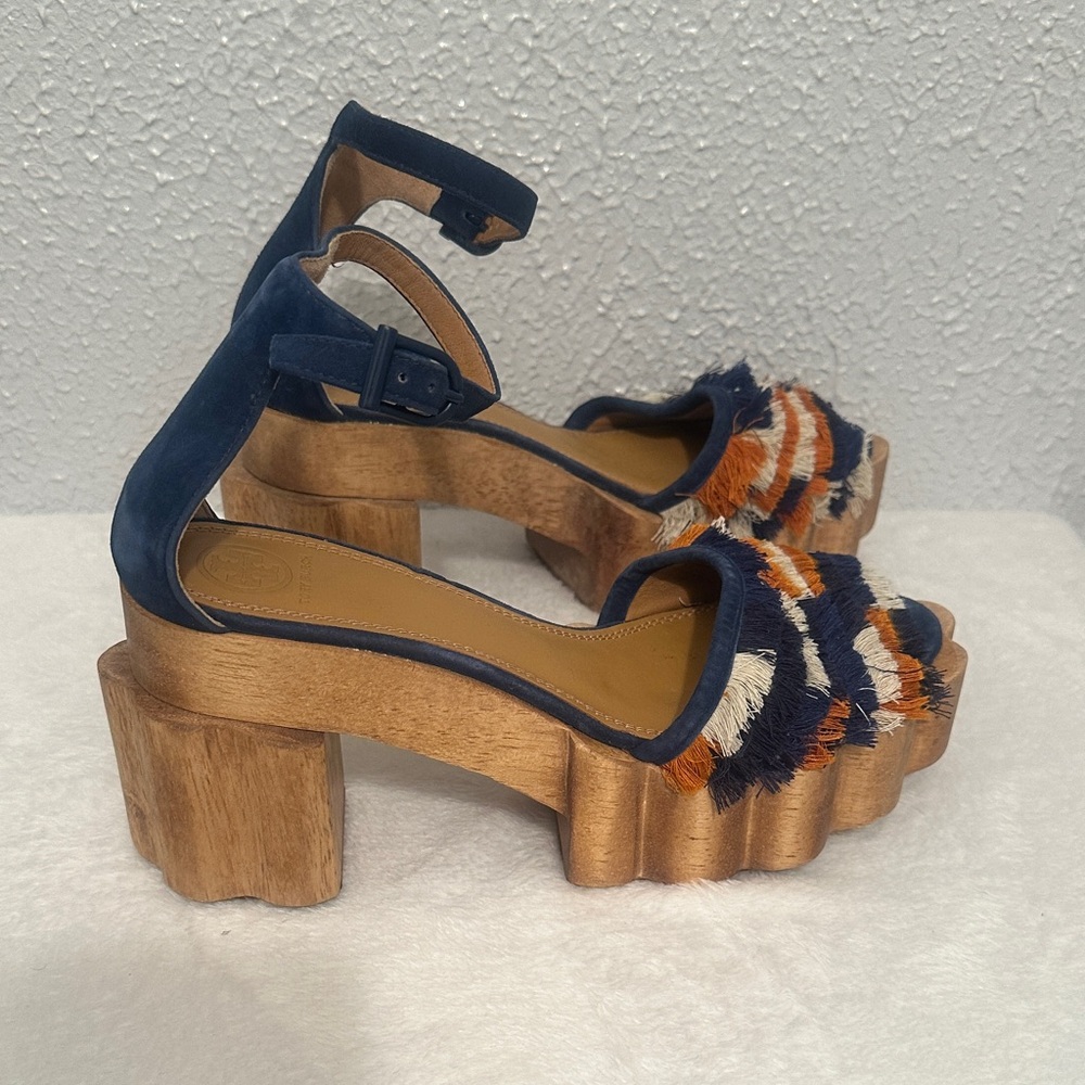 Tory Burch ALMA PLATFORM WOODEN Navy, Orange, and White Sandals, Size : 8.5 - Picture 10 of 14